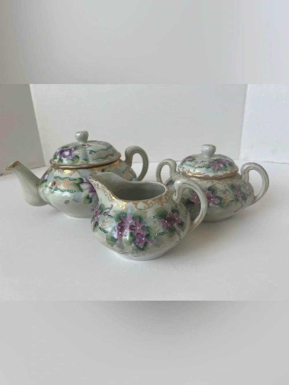 Vintage Mikado Japan Beverly Violet Porcelain Teapot Sugar Creamer 3-Pc Set